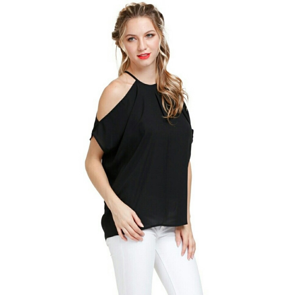 SOLD Black Cold Shoulder Blouse - Picture 2 of 5
